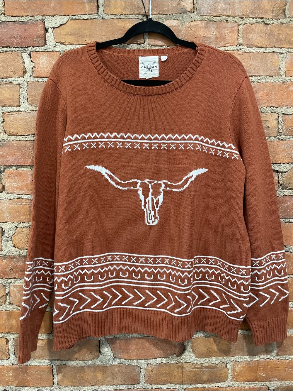 Cotton & Rye Women's Rust Crewneck Sweater with White Longhorn Motif | Size XXL